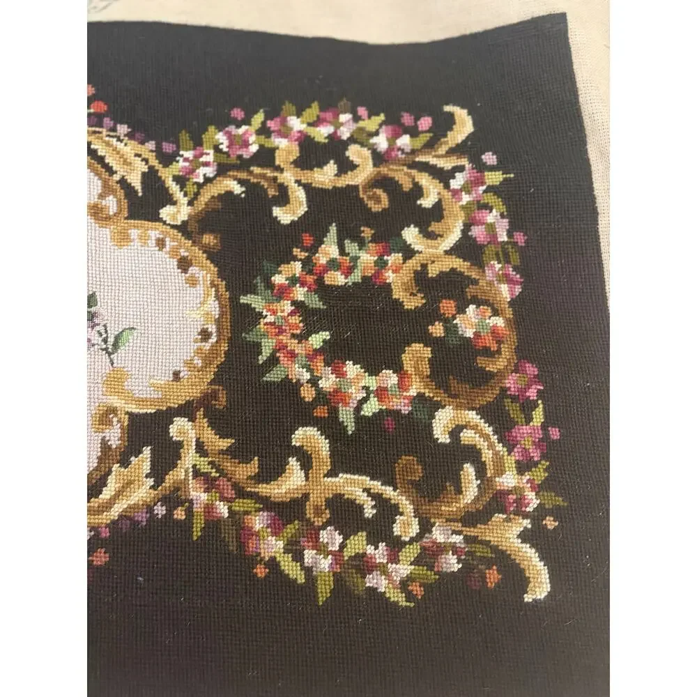 Vintage Handmade Needlepoint Embroidered Bench Top Wool Brown Pink Florals Blue